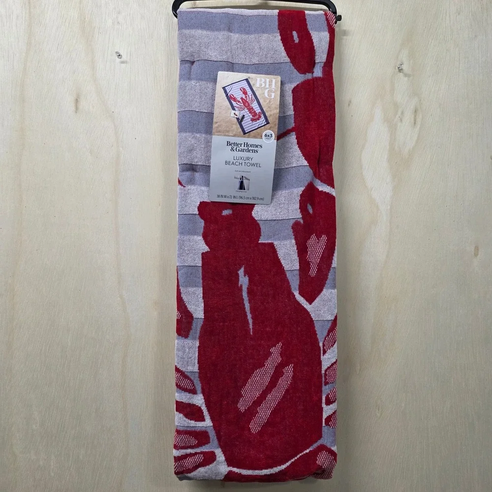 Better Homes & Gardens Luxury Beach Towel Red Lobster Blue Striped 38x72 NEW